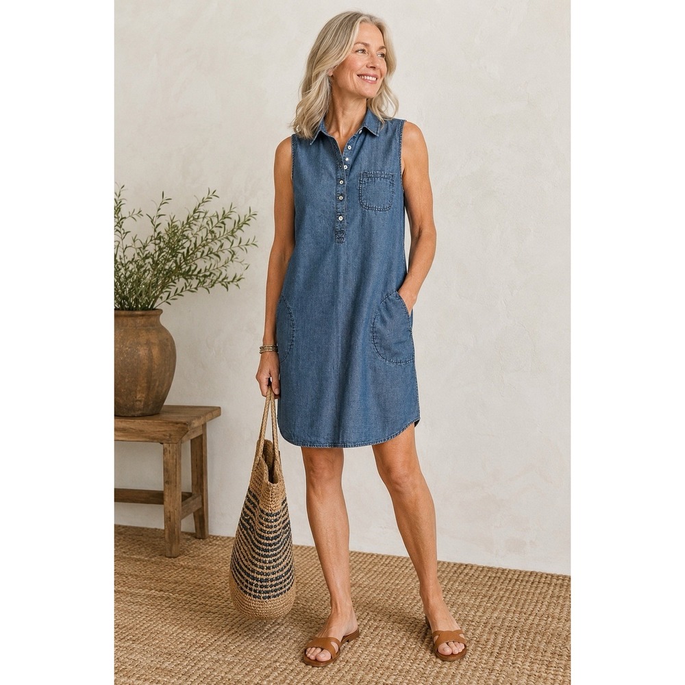 J. Jill Sleeveless Chambray Shirt Dress Women's Medium Blue Tencel Linen Blend - Picture 2 of 7